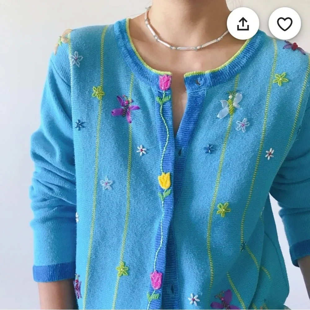 Vintage The Quaker Factory Blue Hand Embroidered Beaded Flowers Bunny Cardigan L - Picture 2 of 16